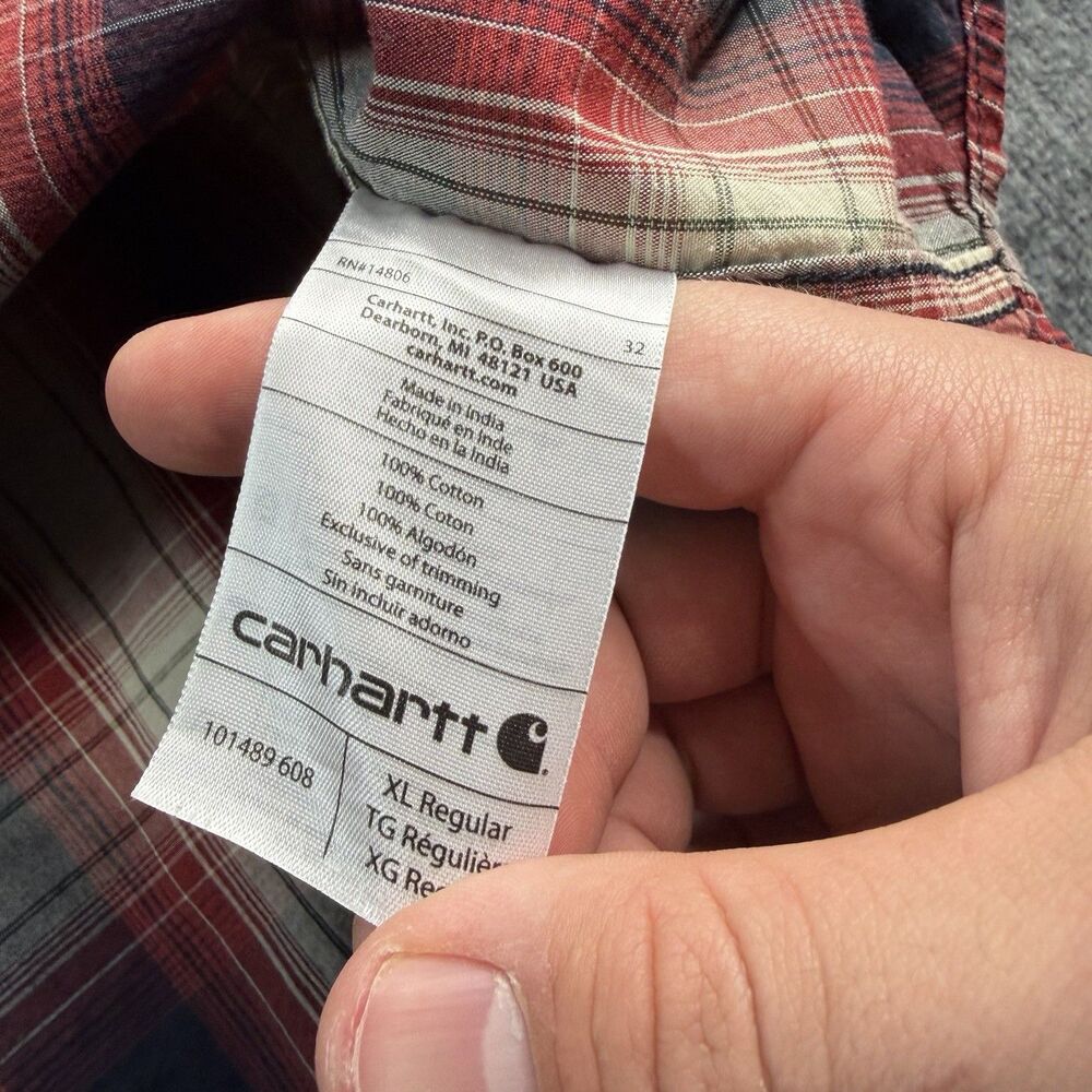Carhartt Red Blue Plaid Shirt Mens XL Flannel Relaxed Fit Button Down Logo Y2K - Picture 12 of 15